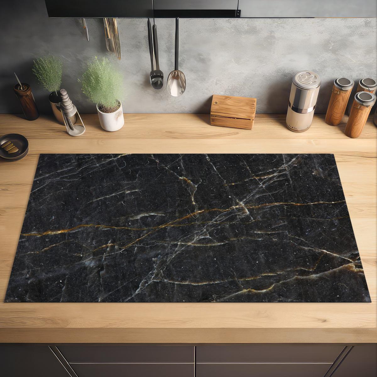 HERDABDECKPLATTE Marmor - Schwarz - Gold - Grau - Marmorstruktur Induktionsschutz 91.6x52.7 cm - Goldfarben, Kunststoff (91.6/52.7/0.2cm) - MuchoWow