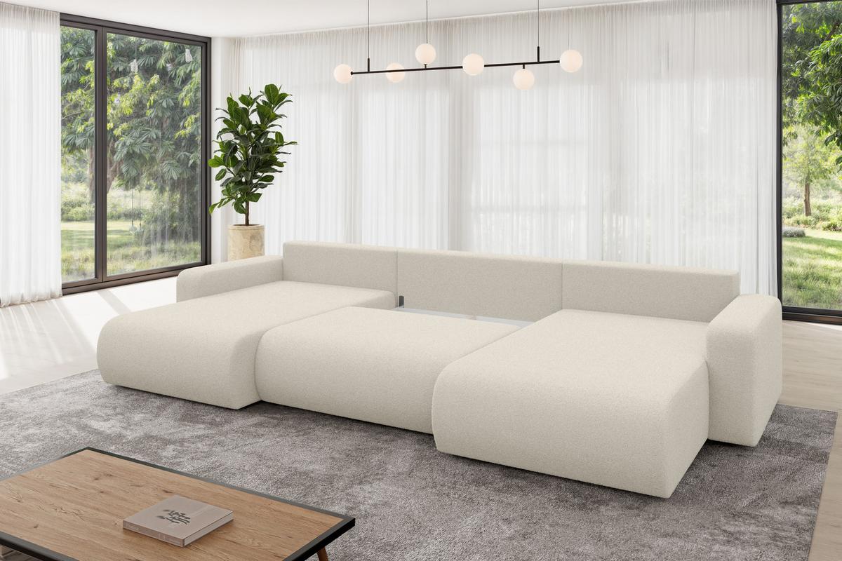 WOHNLANDSCHAFT mit Schlaffunktion und Bettkasten BERY-U 377x193x88 Beige Bouclé - Sandfarben/Beige, Holzwerkstoff/Kunststoff (377/88/193cm) - ALTDECOR