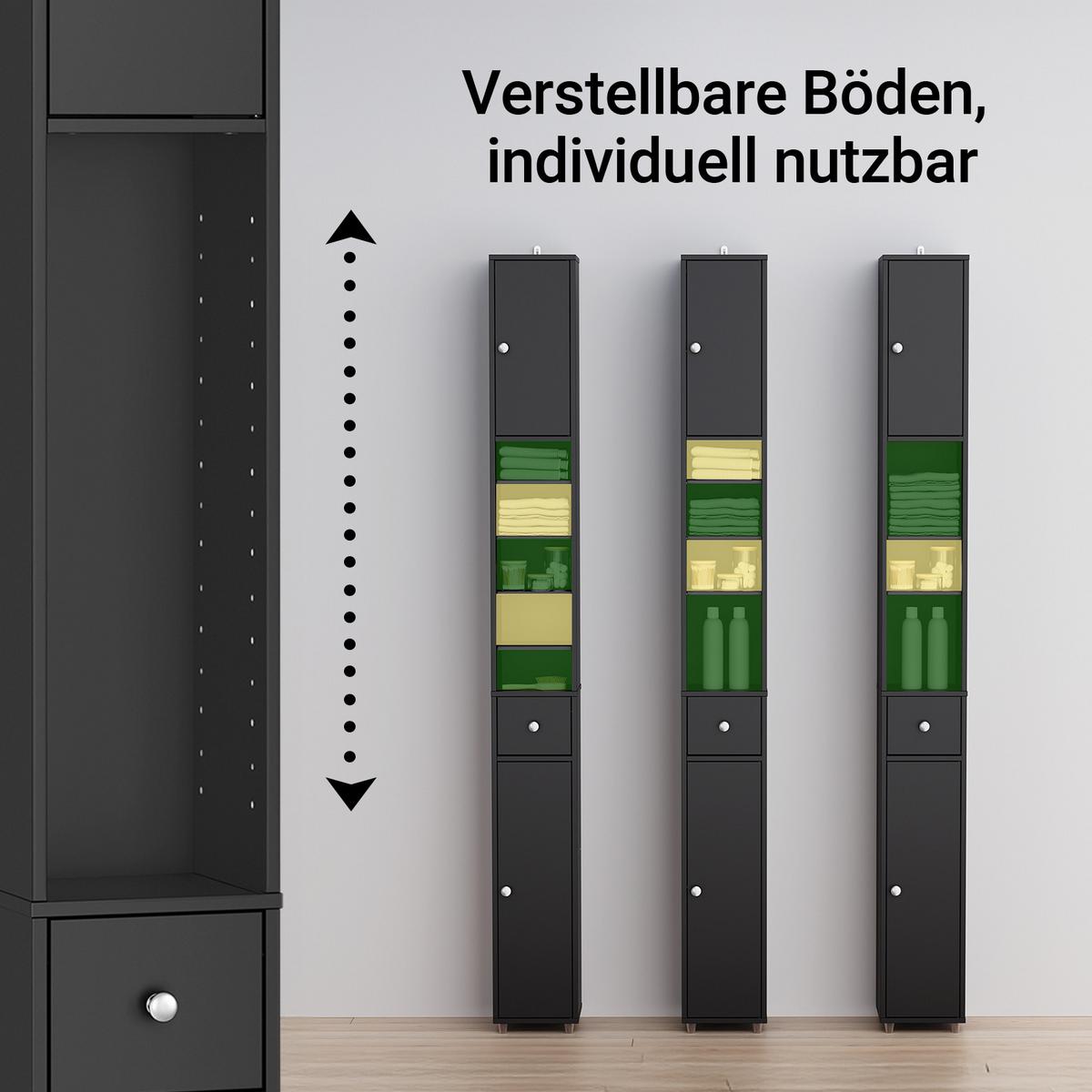 HOCHSCHRANK schmal, MDF (E1), 20x180x20cm, Schwarz - Silberfarben/Schwarz, Holzwerkstoff/Metall (20/180/20cm) - SoBuy