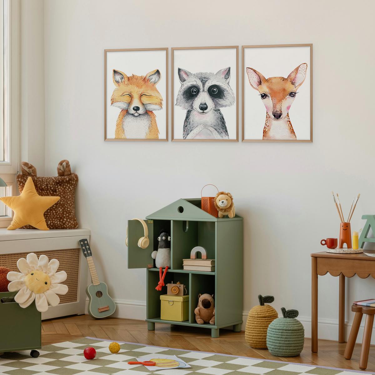 POSTER SET ohne Rahmen für Kinderzimmer WALDTIERE Fuchs Waschbär Reh A3 30x42cm - Beige/Orange, Papier (30/42/1cm) - Muralo