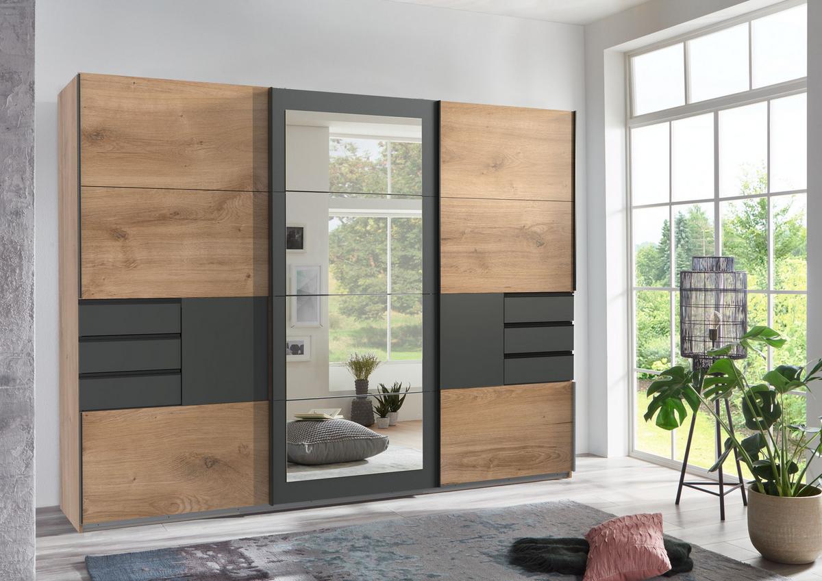 SCHWEBETÜRENSCHRANK 3-türig B270/H208/64 cm in Eiche Dekor mit Absetzungen in Grafit, Spiegel & Schubladen, Kleiderschrank inkl. Vollausst. / 22503 - Blau/Eichefarben, Holzwerkstoff/Metall (270/208/64cm) - luma-home