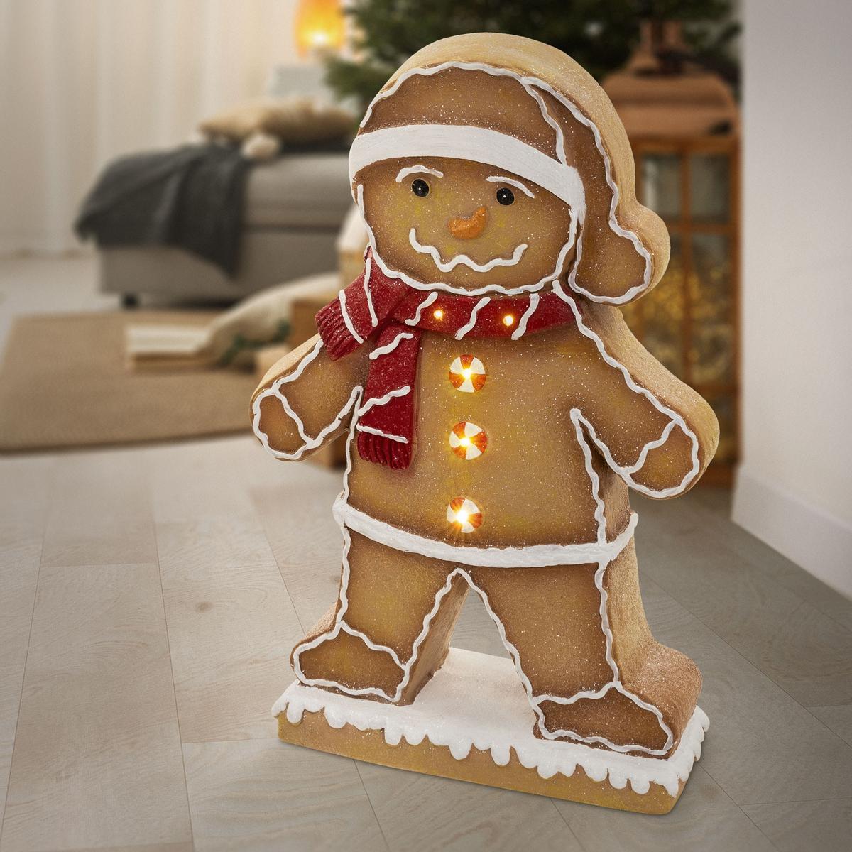 LEBKUCHENMANN-FIGUR mit Mütze & Schal 76 cm Weihnachtsdeko Innen mit LED-Beleuchtung - Braun, Stein (47/76/20cm) - ECD-Germany
