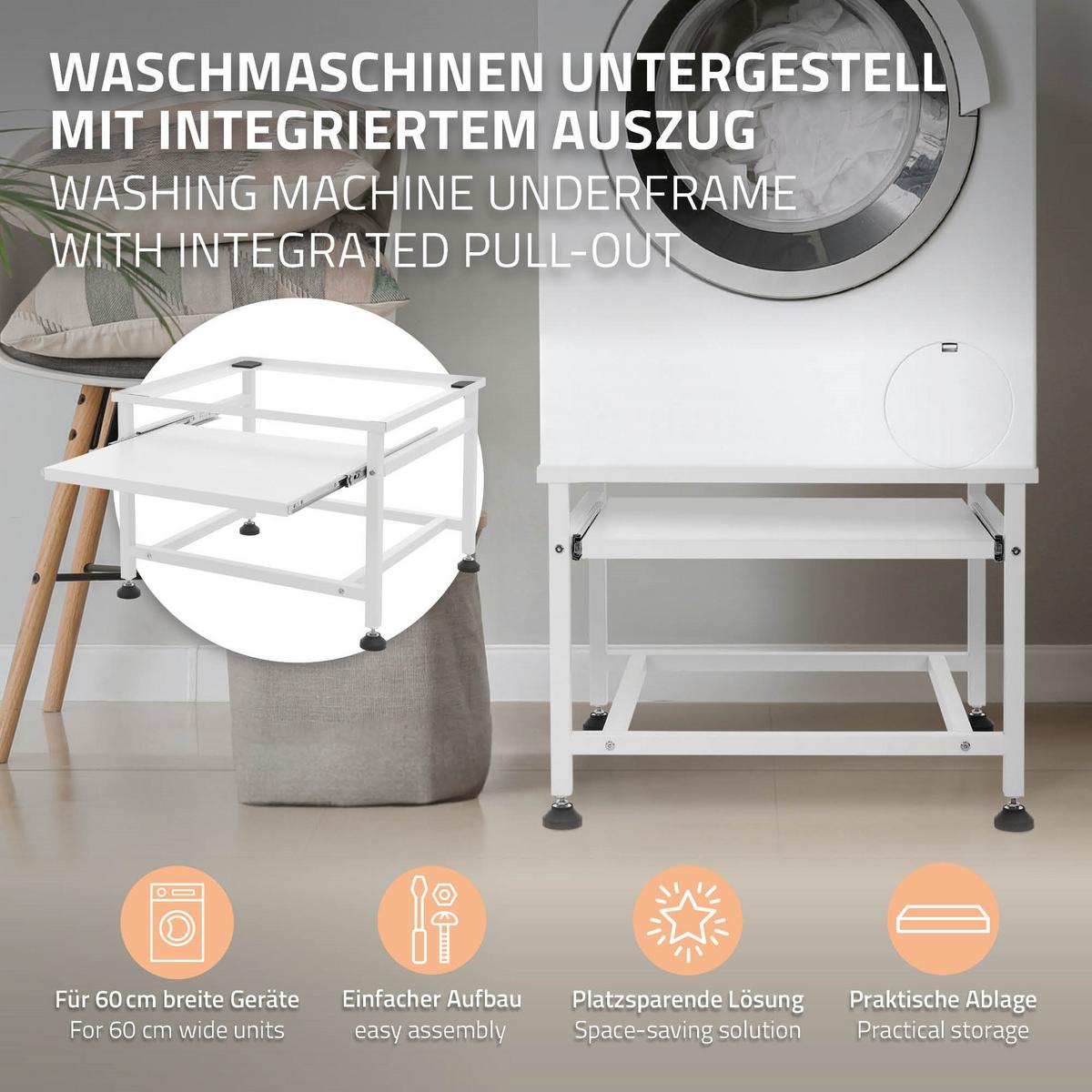 WASCHMASCHINEN UNTERGESTELL mit Ablage ausziehbar Weiß 62,5x50,1x40,5 cm - Weiß, Metall (50.1/40.5/62.5cm) - ML-DESIGN