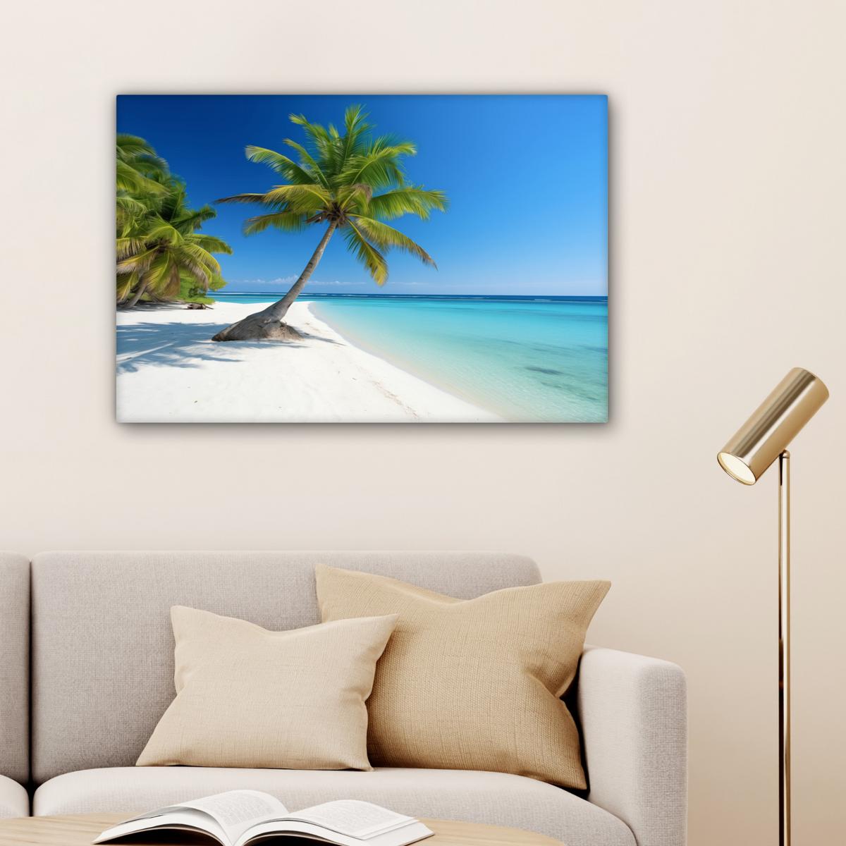 LEINWANDBILD Strand - Palme - Tropisch - Meer Wanddeko 90x60 cm - Grün, Textil (90/60cm) - MuchoWow