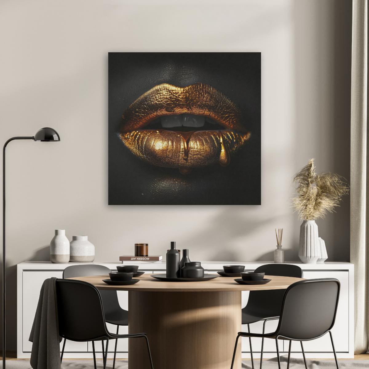 AKUSTIKBILD Frau - Porträt - Lippen - Gold - Schwarz Akustikpaneele 80x80 cm - Schwarz, Kunststoff (80/80/0.9cm) - MuchoWow
