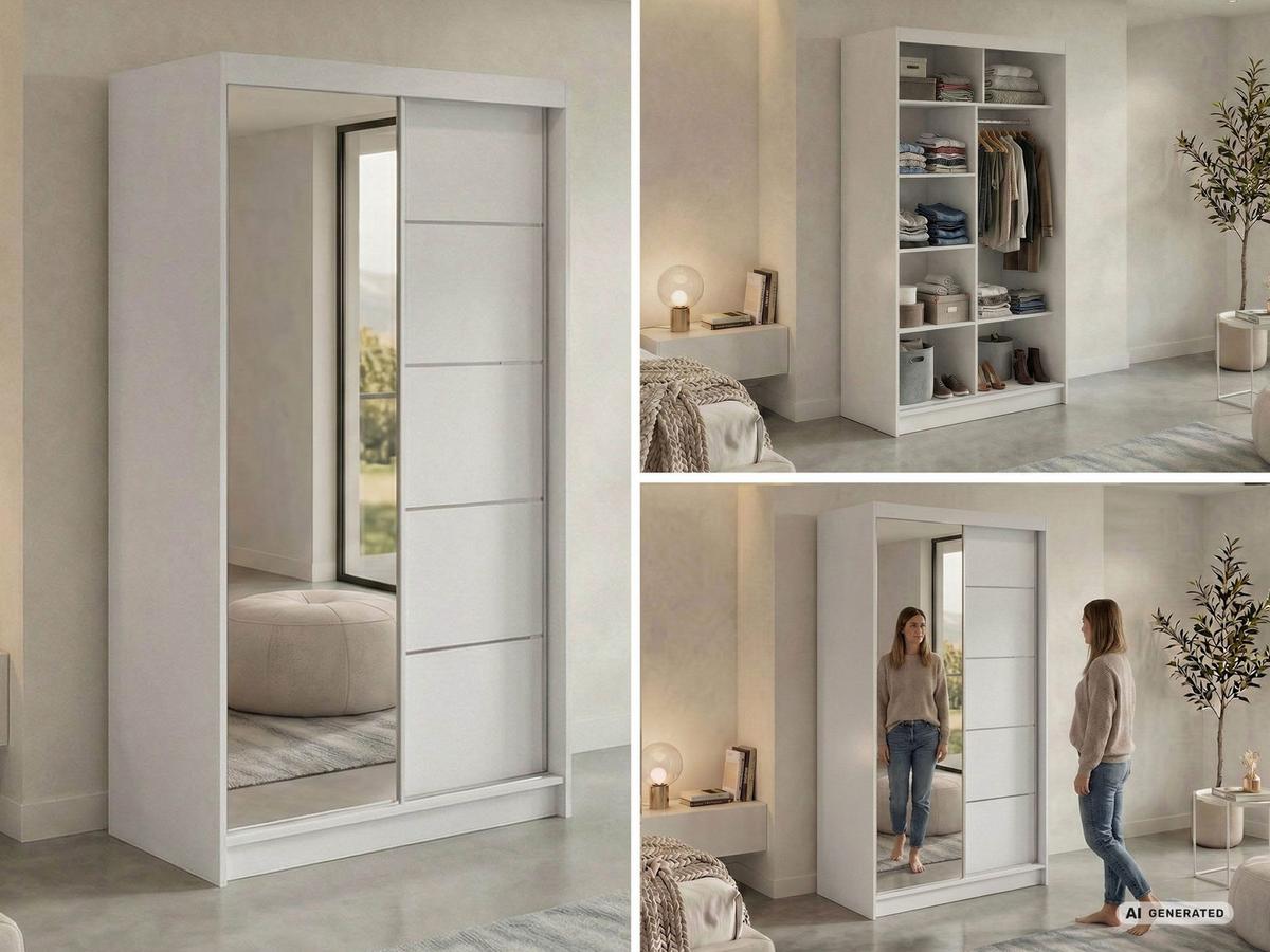 SCHWEBETÜRENSCHRANK 120 - SKORIA - Weiß mit Spiegel - Alufarben/Weiß, Holzwerkstoff/Metall (120/216/61cm) - MKS