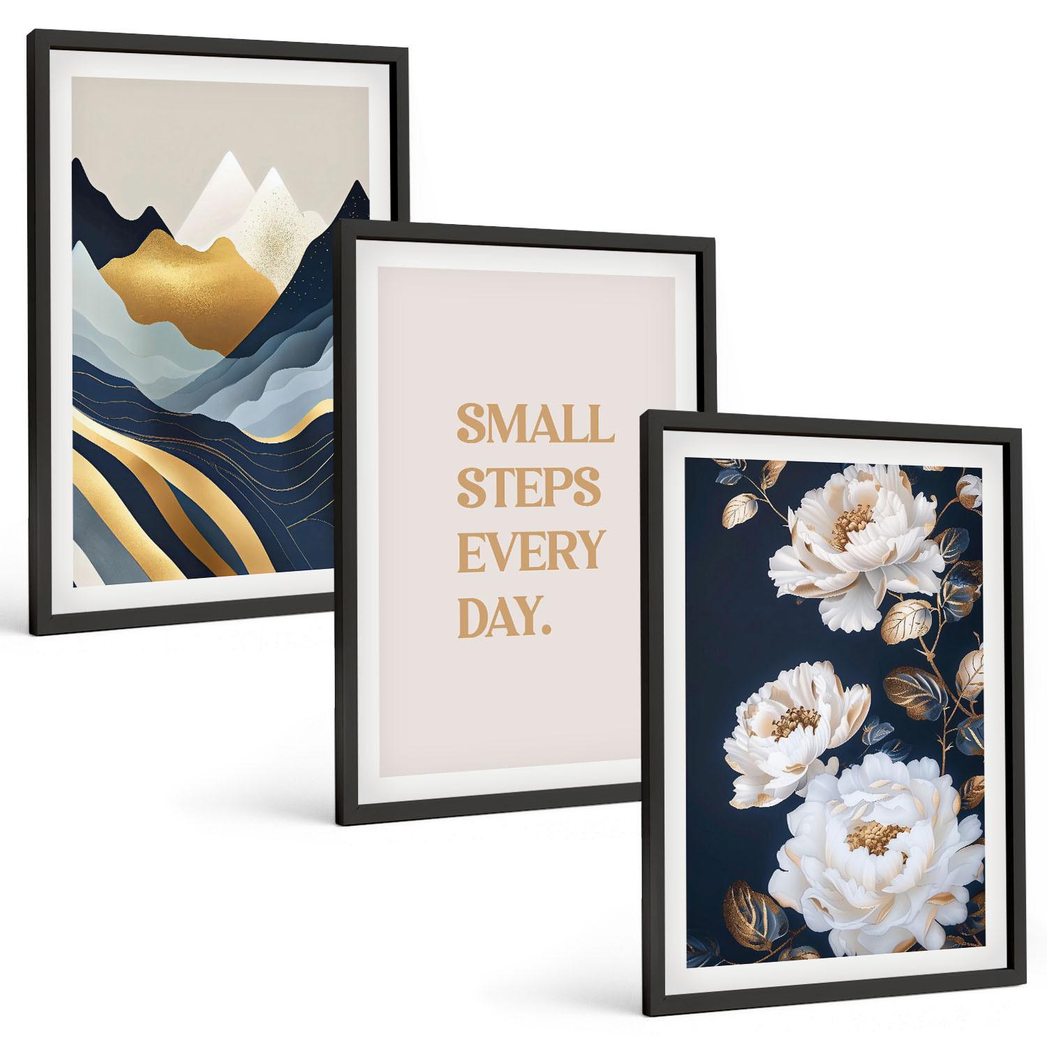 BILDER SET 3er Set - 40x60 cm Schwarzer Rahmen - Abstrakte Berge und Blumen Inspiration - Schwarz, Kunststoff (40/60cm) - TULUP
