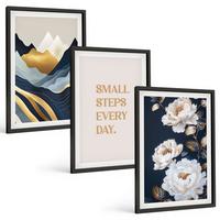 BILDER SET 3er Set - 40x60 cm Schwarzer Rahmen - Abstrakte Berge und Blumen Inspiration - Schwarz, Kunststoff (40/60cm) - TULUP