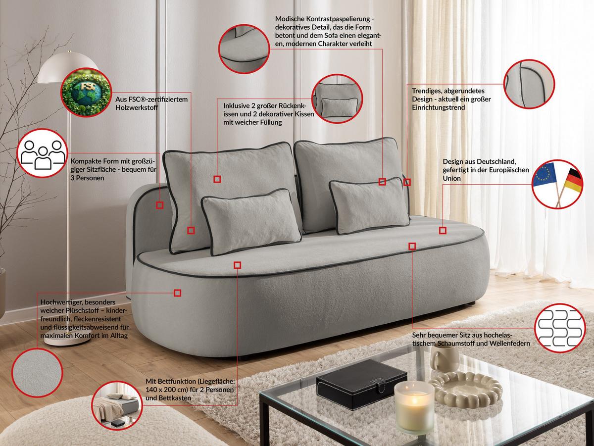 SCHLAFSOFA Vero im modernen und abgerundeten Design mit Bettkasten aus Grau Plüschstoff mit schwarzer Paspel - Schwarz/Grau, Holz/Kunststoff (210/90/98cm) - S-Style Möbel