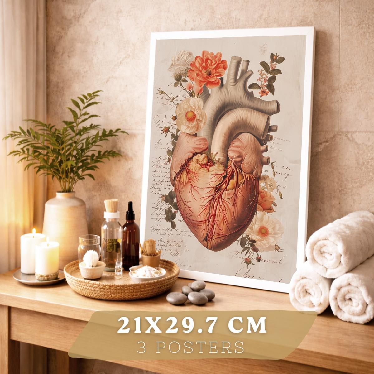 POSTER Set aus 3 Anatomie Mensch Drucke und Wandbilder mit Herz Gehirn und Schädel Vintage Floraler Stil Wanddekoration Größe Weißer Rahmen A4 - Weiß, Papier (21/29.7/3cm) - Nacnic
