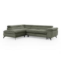 ECKSOFA mit Schlaffunktion und Bettkasten Bonnie aus Olive Cord-Stoff mit verstellbaren Kopfstützen und Armlehne - Ottomane links - Schwarz/Hellgrün, Holz/Textil (275/210cm) - S-Style Möbel