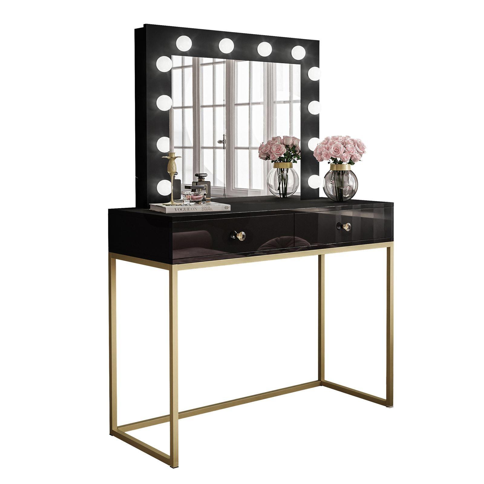 SCHMINKTISCH BLANCO GOLD mit Spiegel und Beleuchtung - Schwarz, Holzwerkstoff (100/146/42cm) - Lookway