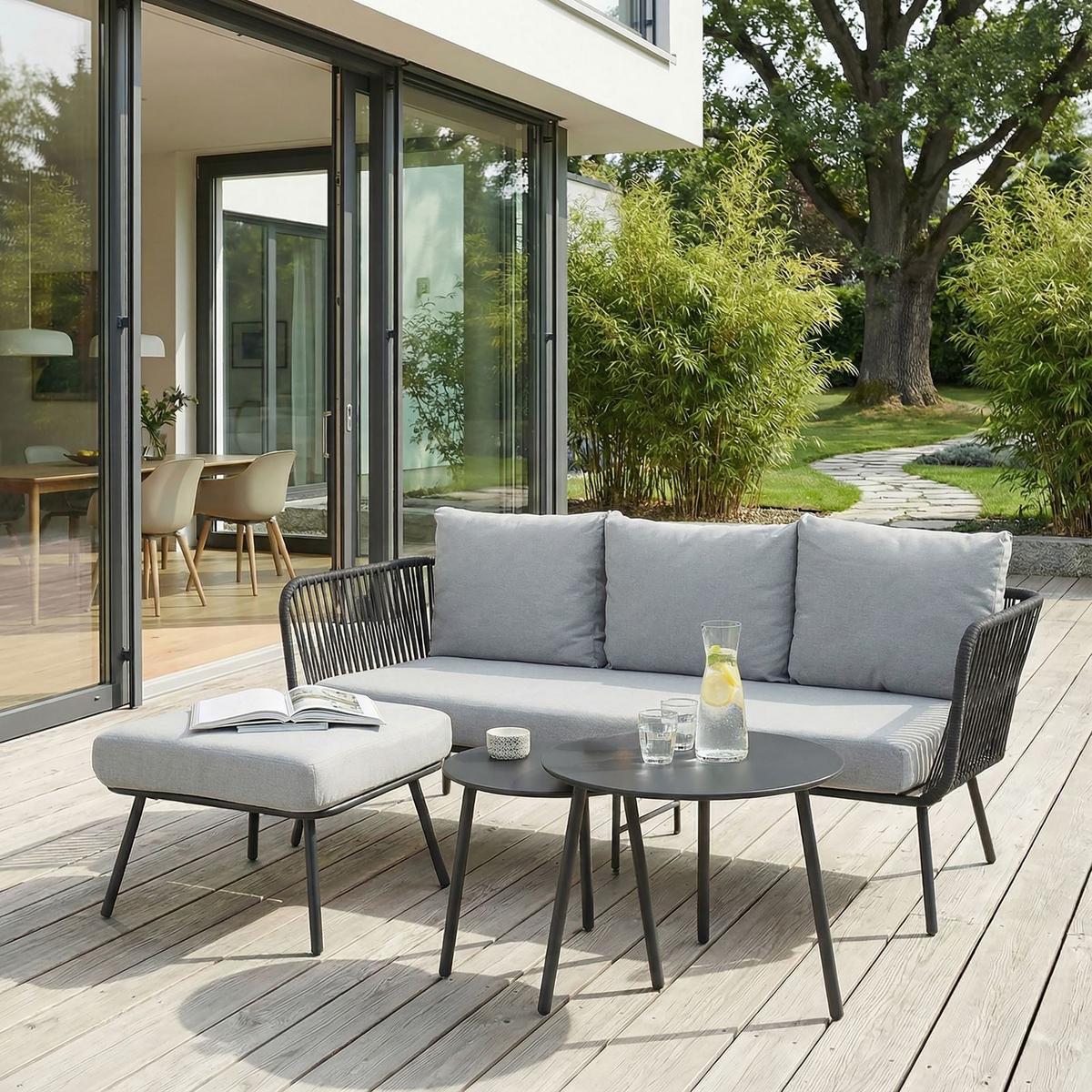 GARTENLOUNGE MYKONOS 4er Set grau/schwarz - Schwarz/Grau, Metall - CARO-Möbel
