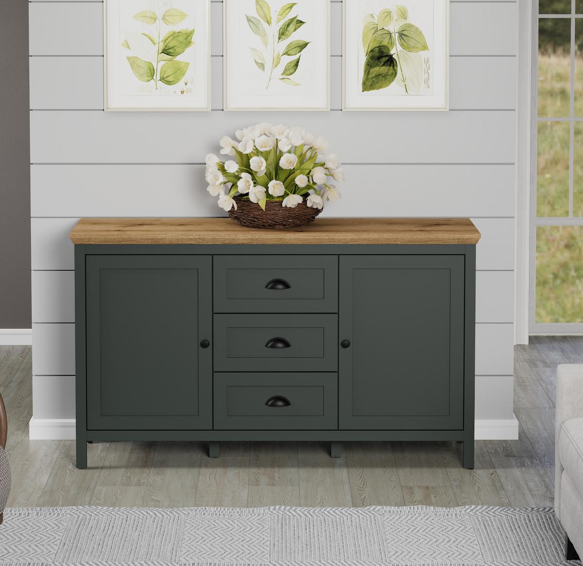 SIDEBOARD grün, Evoke Eiche Landhaus 146 x 86 cm, Kommode für Wohn- und Esszimmer - Eichefarben/Schwarz, Holzwerkstoff/Kunststoff (146/86/45cm) - Top.Furn