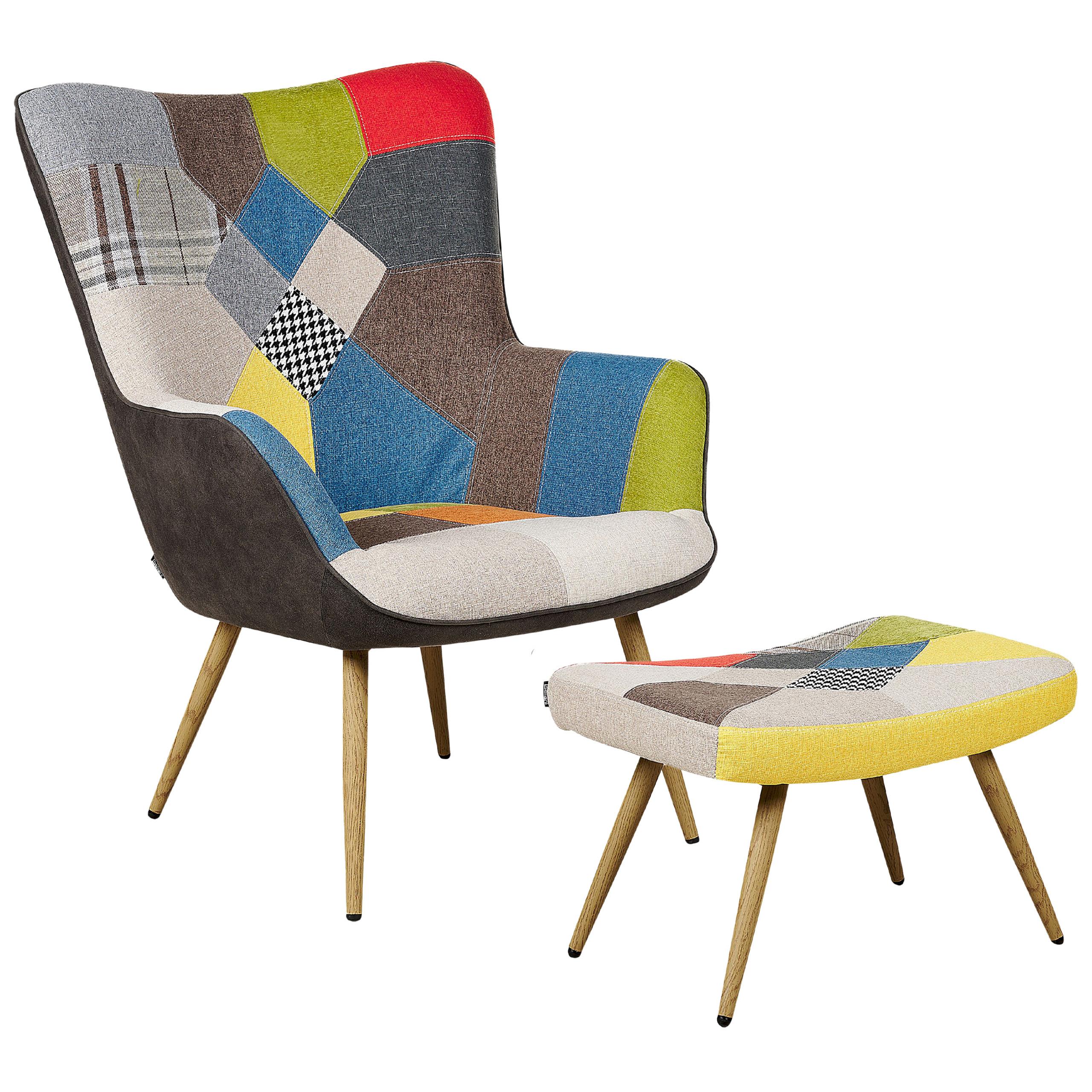 SESSEL Patchwork mehrfarbig mit Hocker Vejle - Blau/Beige, Textil (62/93/78cm) - Beliani
