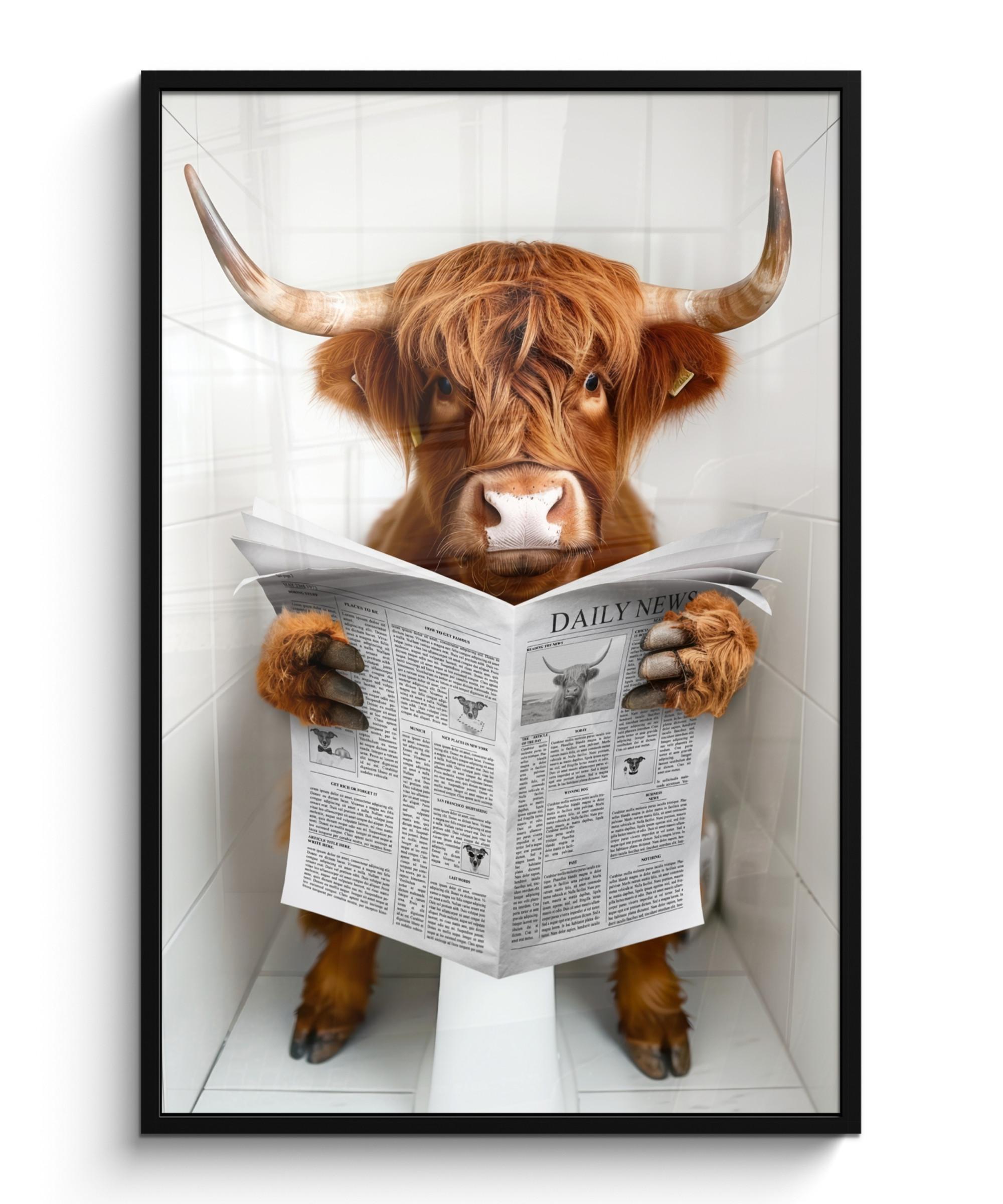 POSTER MIT RAHMEN Schottischer Highlander - Tier - Zeitung - Toilette Bilderleiste 80x120 cm - Kastanienfarben, Papier (80/120cm) - MuchoWow