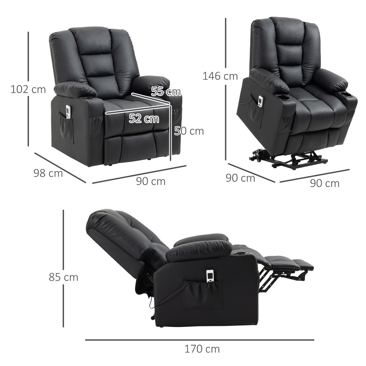 FERNSEHSESSEL mit Aufstehhilfe, Schwarz - Schwarz, Leder/Kunststoff (98/102/90cm) - HOMCOM