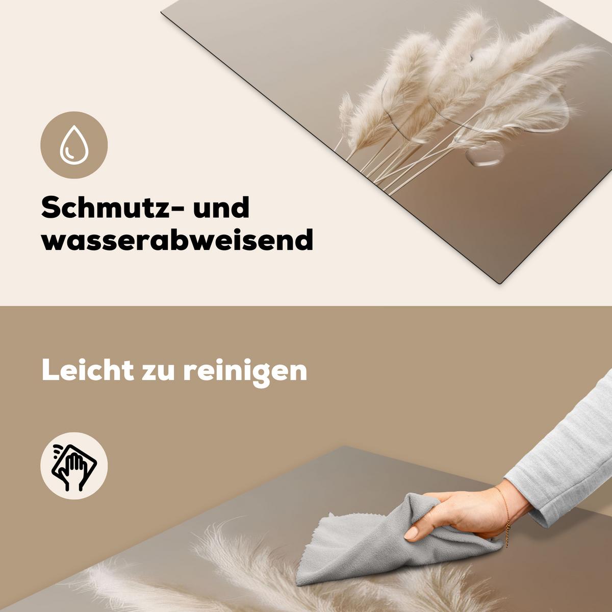 HERDABDECKPLATTE Pampasgras - Federn - Pastell - Weiß Ceranfeldabdeckung 90x52 cm - Creme, Kunststoff (90/52/0.2cm) - MuchoWow