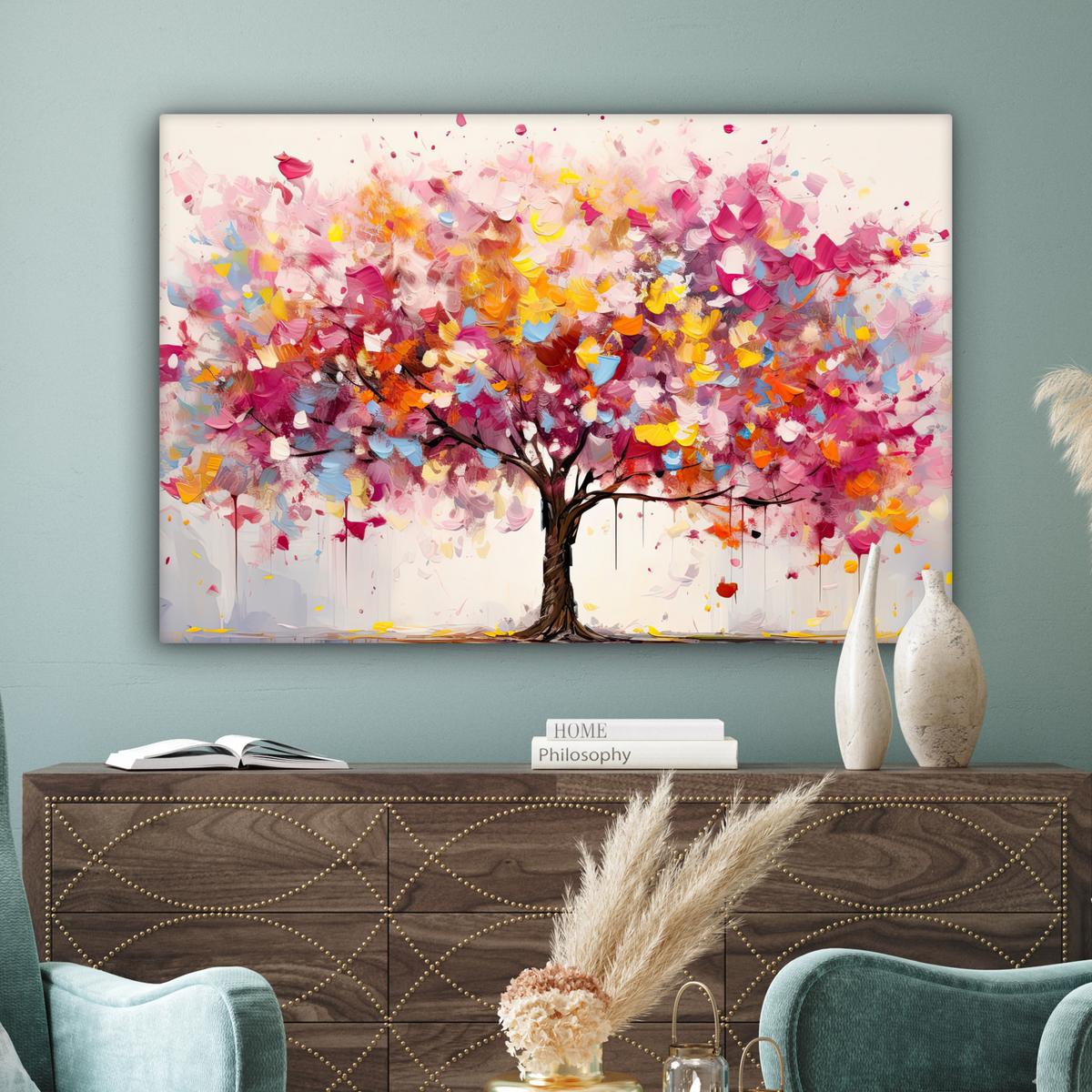 LEINWANDBILD Aquarell - Baum - Kunst - Abstrakt Groß 140x90 cm - Rosa, Textil (140/90cm) - MuchoWow