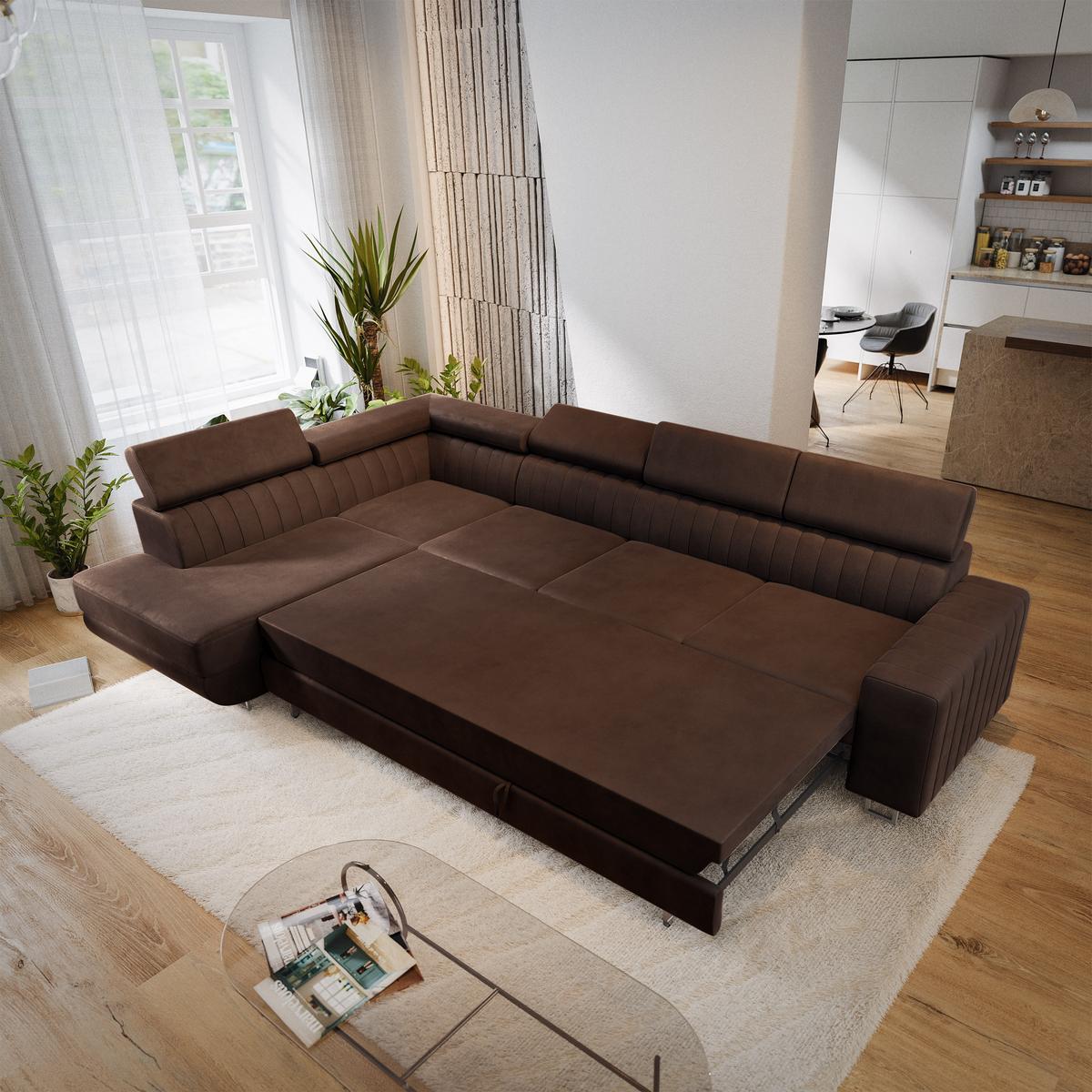 ECKSOFA HESTION Braun Velours-Stoff mit Schlaffunktion - Braun, Holz (332/190cm) - MASSENO