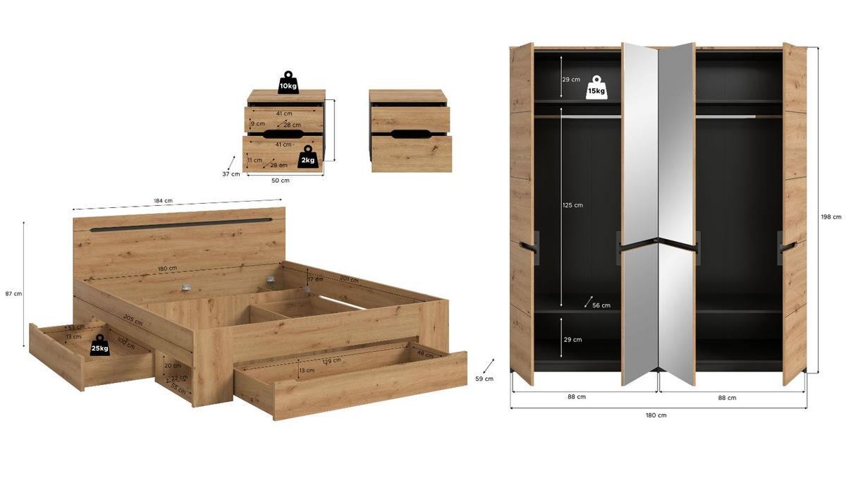 SCHLAFZIMMER Set 4-teilig Eiche Artisan, grau, Komplettset mit Kleiderschrank, Bett und 2x Nachttisch - Eiche Artisan/Grau, Glas/Holzwerkstoff - Inn.Furn
