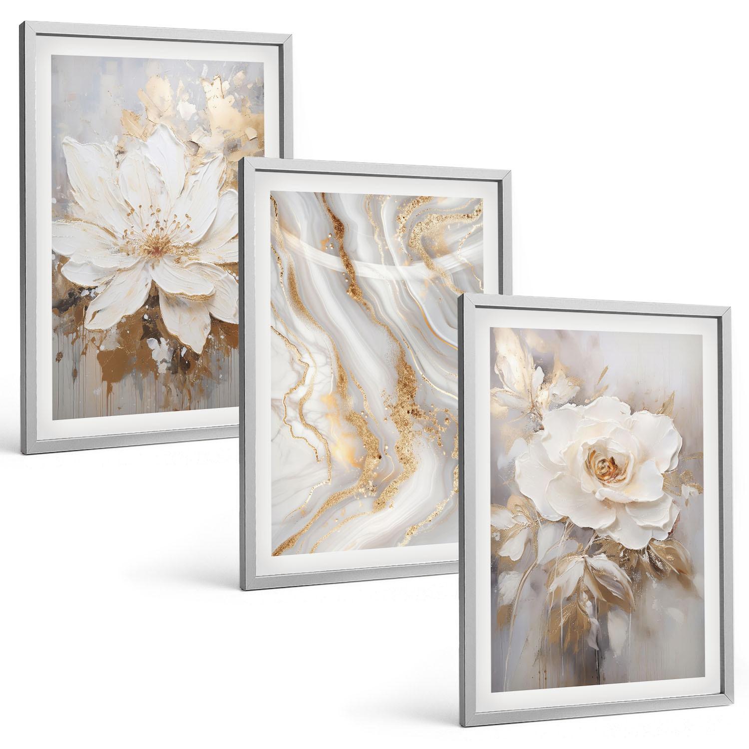 BILDER SET 3er Set - 40x60 cm Silberner Rahmen - Abstrakte Blumen aus Marmor - Silberfarben, Kunststoff (40/60cm) - TULUP