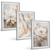BILDER SET 3er Set - 40x60 cm Silberner Rahmen - Abstrakte Blumen aus Marmor - Silberfarben, Kunststoff (40/60cm) - TULUP