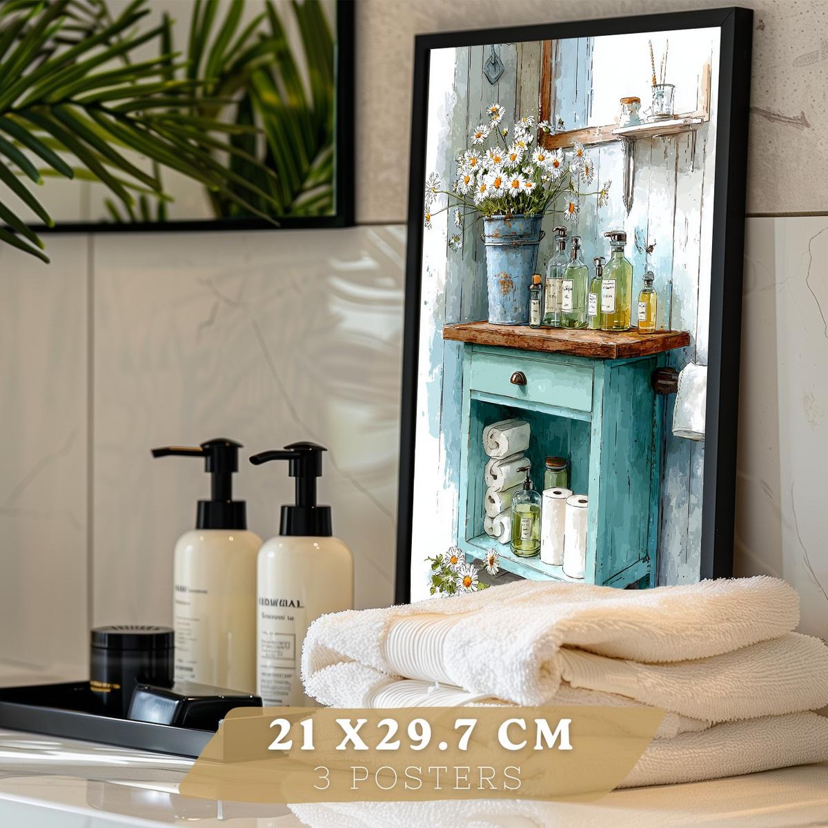 POSTER Set 3 dekorative Badezimmer-Poster im Cottage-Stil für Wand, Waschbecken, Dusche, florale Dekoration mit Badezimmermöbeln Schwarzer Rahmen A4 - Schwarz, Papier (29.7/21/3cm) - Nacnic