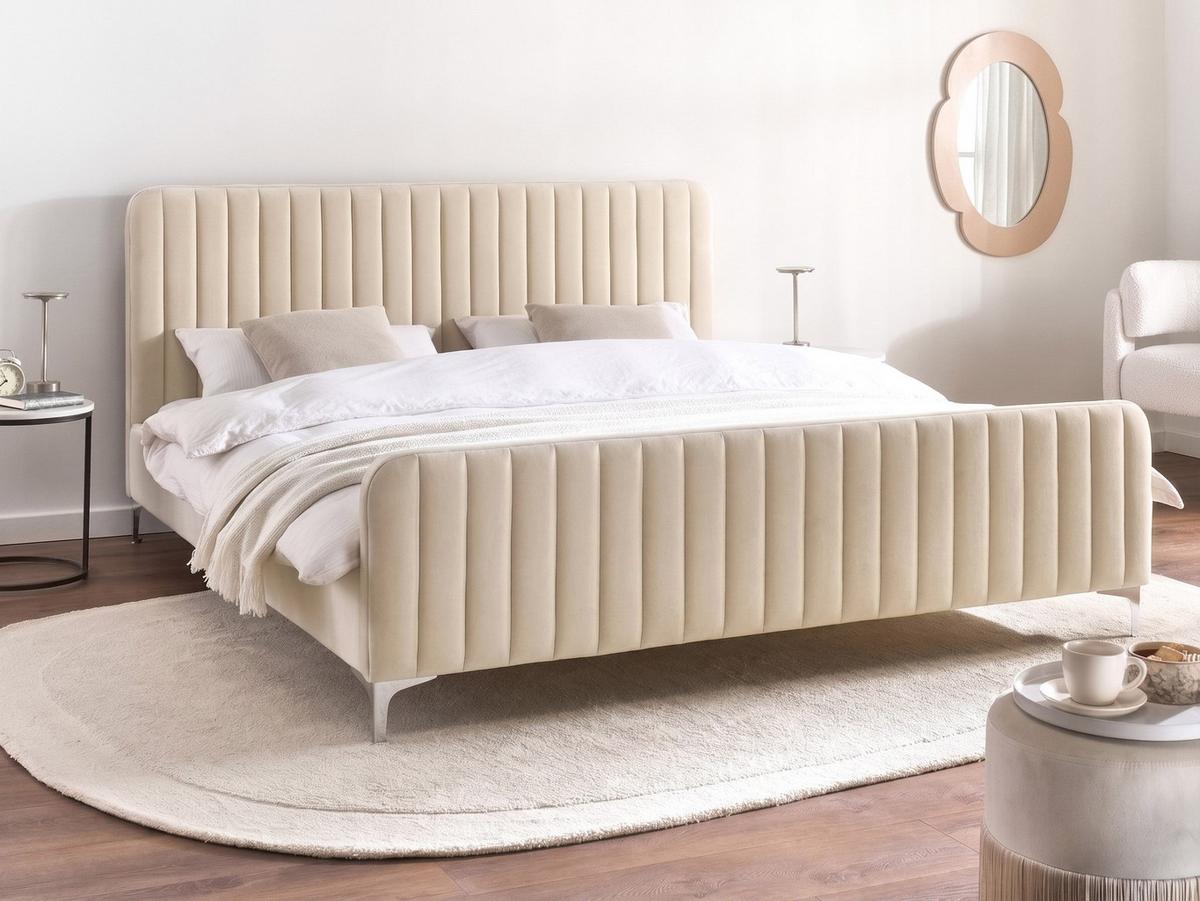 BETT mit Lattenrost 180/200 cm Samtstoff Hellbeige Lunan - Beige, Textil (180/200cm) - Beliani