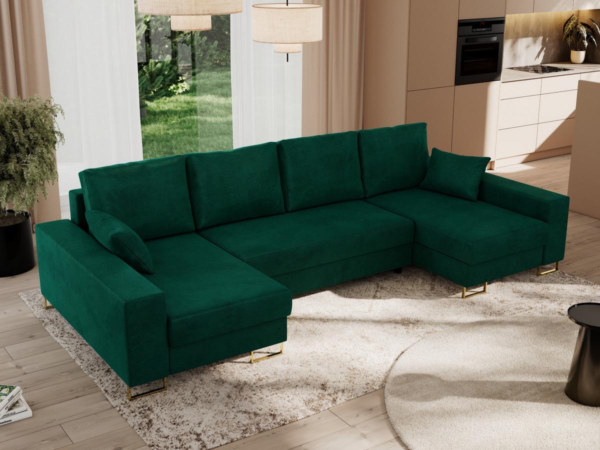 WOHNLANDSCHAFT DORIAN U Velvet Dunkelgrün - Dunkelgrün/Goldfarben, Textil/Metall (312/85/138cm) - MKS