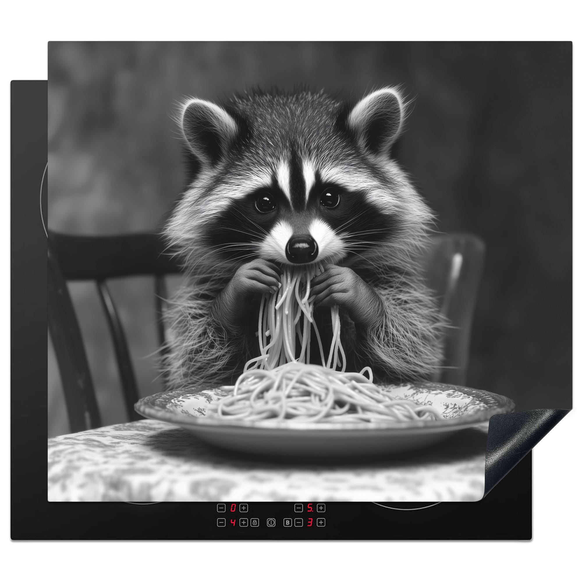 HERDABDECKPLATTE Waschbär - Niedlich - Pasta - Tischtuch - Schwarz - Weiß Ceranfeldabdeckung 59x52 cm - Grau, Kunststoff (59/52/0.2cm) - MuchoWow