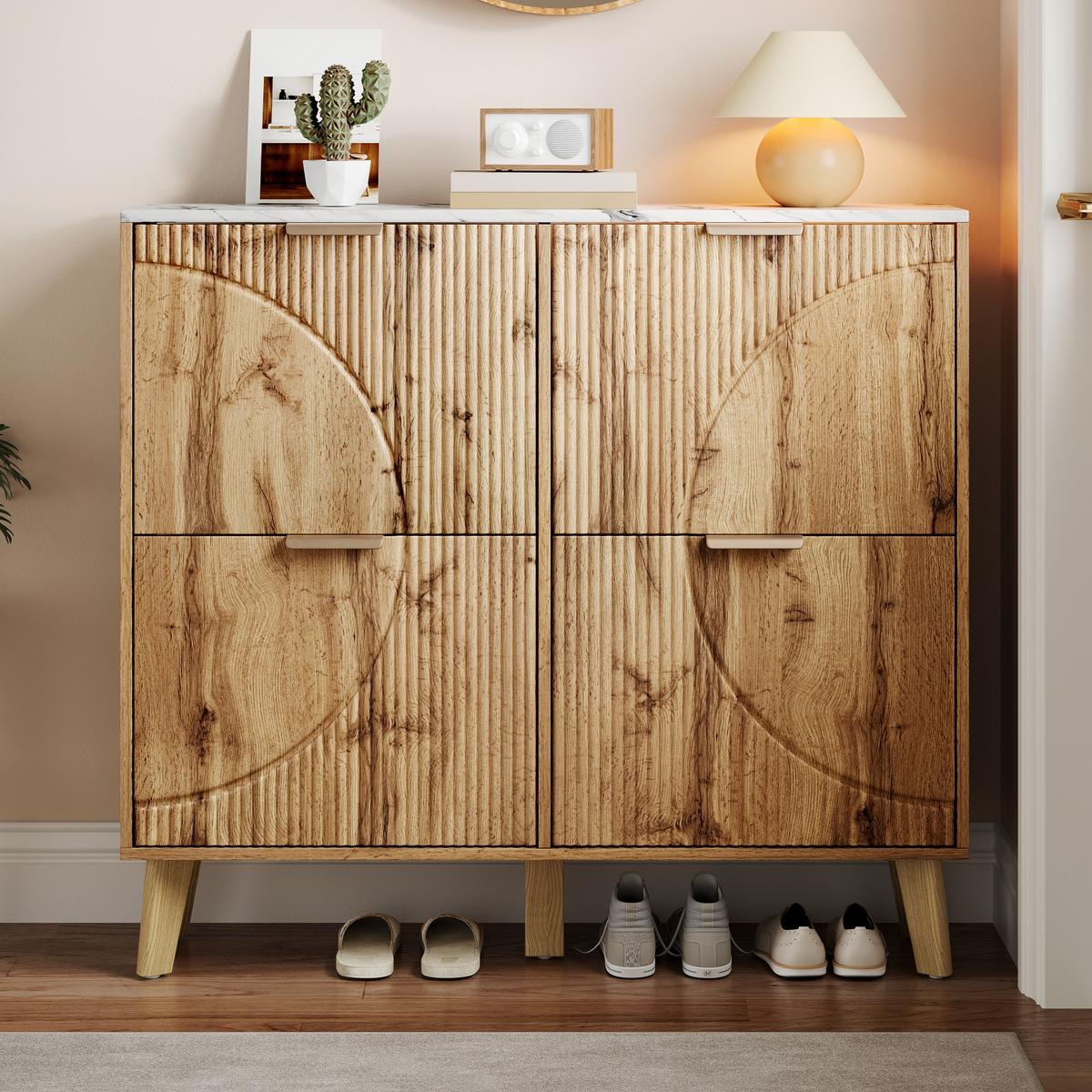 SCHUHSCHRANK mit 3d-strukturfront & 4 klappfächern - Naturfarben, Holzwerkstoff (105/95.5/24cm) - Urban Meuble