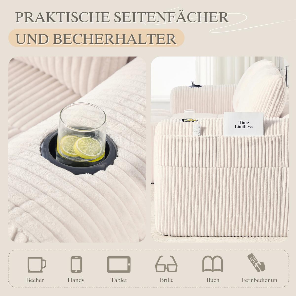 ECKSOFA 3-Sitzer mit Getränkehalter, Seitentaschen & 3 Kissen - Beige, Textil (253/158cm) - Urban Meuble