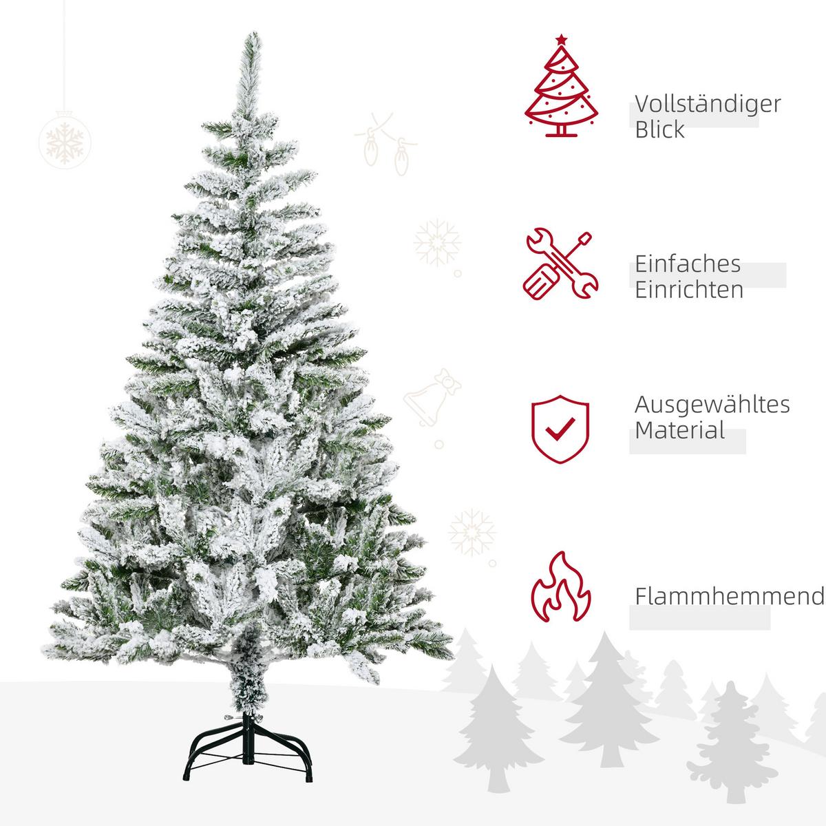WEIHNACHTSBAUM 150 cm Künstlicher Kieferbaum mit Kunstschnee, 358 Astspitzen - Weiß/Grün, Kunststoff/Metall (150cm) - HOMCOM