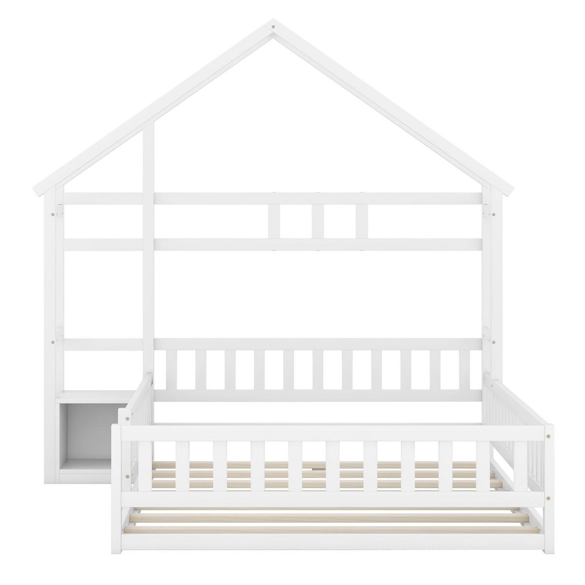 KINDERBETT 140x200 cm Hausbett Weiß – Massivholz Bett mit Geländer & Nachttisch - Weiß, Holz - Urban Meuble