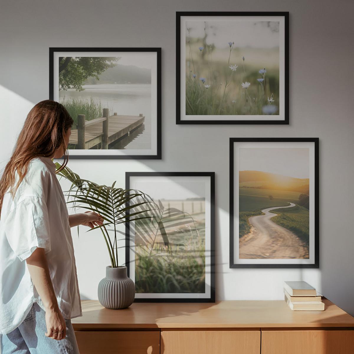 BILDER SET 4er Set - 50x50 cm & 40x60 cm Schwarzer Rahmen - Landschaftswiesenstraße West - Schwarz, Kunststoff (50/50cm) - TULUP