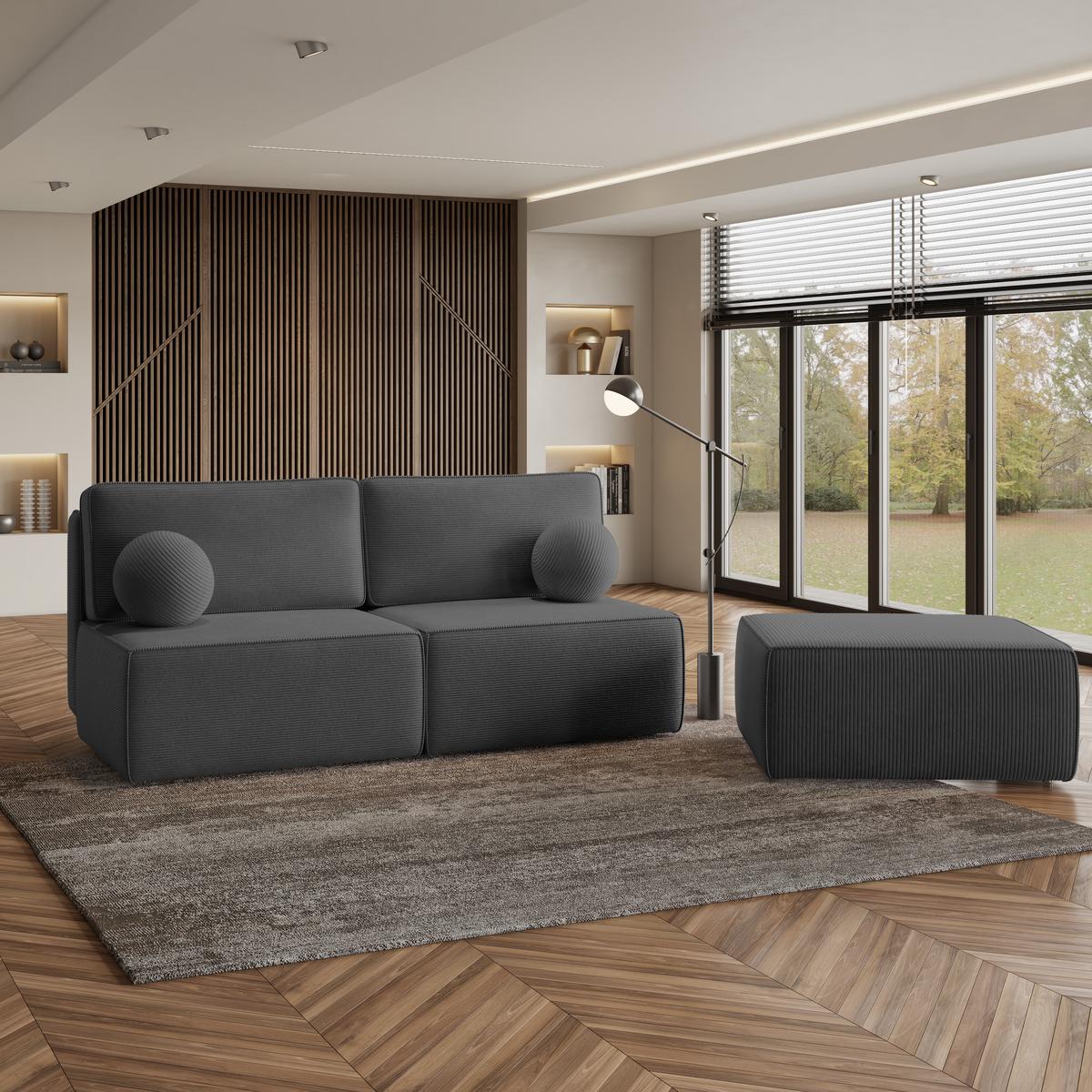 ECKSOFA VARNA P Graphitfarben Kordstoff mit Schlaffunktion - Graphitfarben/Grau, Holz/Kunststoff (196/158cm) - MASSENO