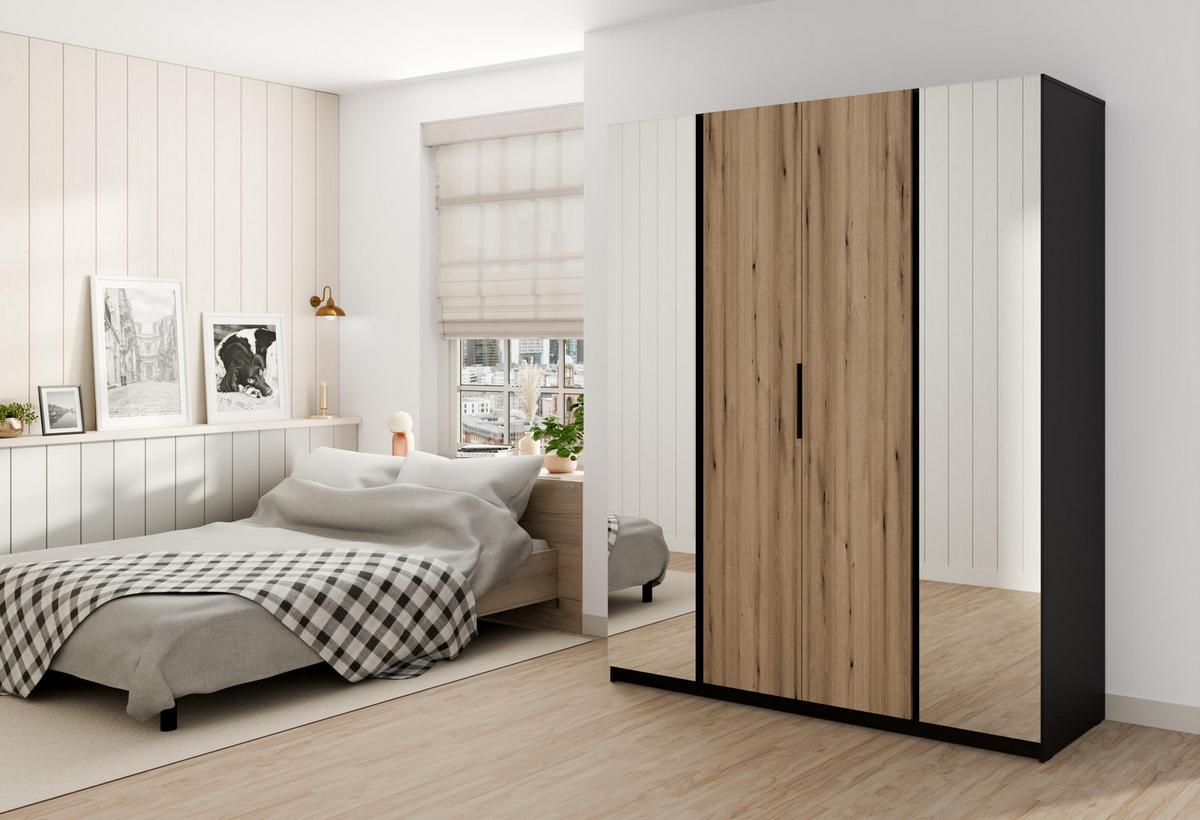 KLEIDERSCHRANK Nehir Schwarz/Eiche Evoke 200 cm - 4T Modern mit 2 Spiegeln außen - Eichefarben/Schwarz, Holzwerkstoff/Kunststoff (200/239/61.9cm) - AX Living