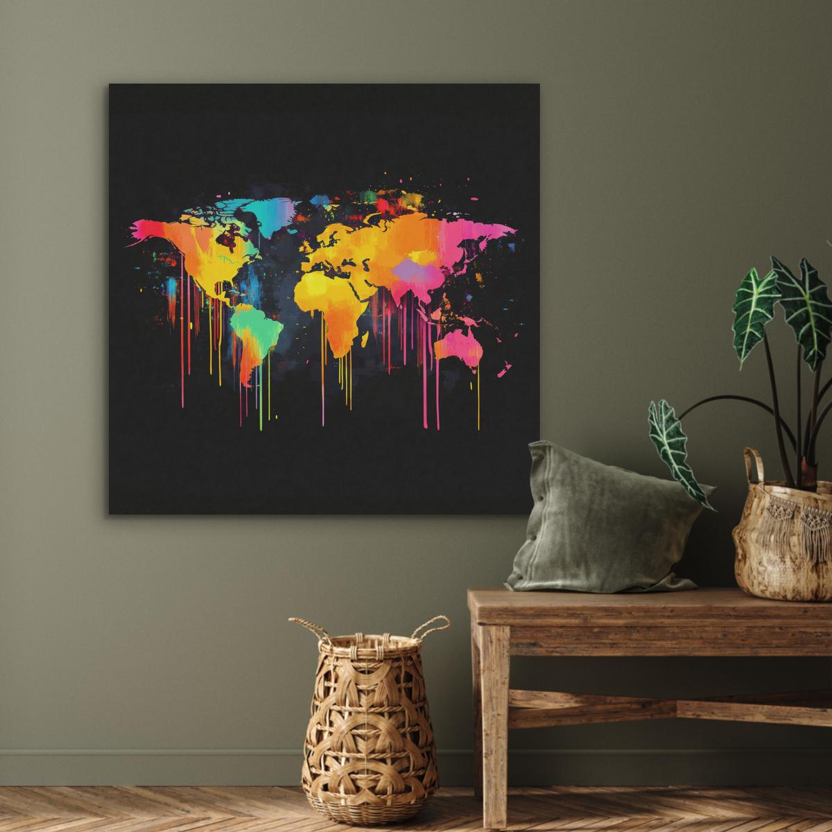 AKUSTIKBILD Weltkarte - Farbe - Bunt - Graffiti - Welt Akustikpaneele 90x90 cm - Multicolor, Textil (90/90/0.9cm) - MuchoWow