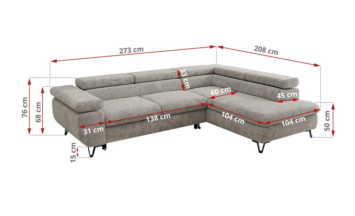 ECKSOFA PABLO L Hellgrau Schenille grob gewebt - Rechts Seite - Hellgrau/Schwarz, Textil/Metall (273/208cm) - MKS