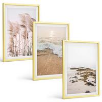 BILDER SET 3er Set - 40x60 cm Goldrahmen - Strandgras, Wellen, Steine, Boho-Stil - Goldfarben, Kunststoff (40/60cm) - TULUP