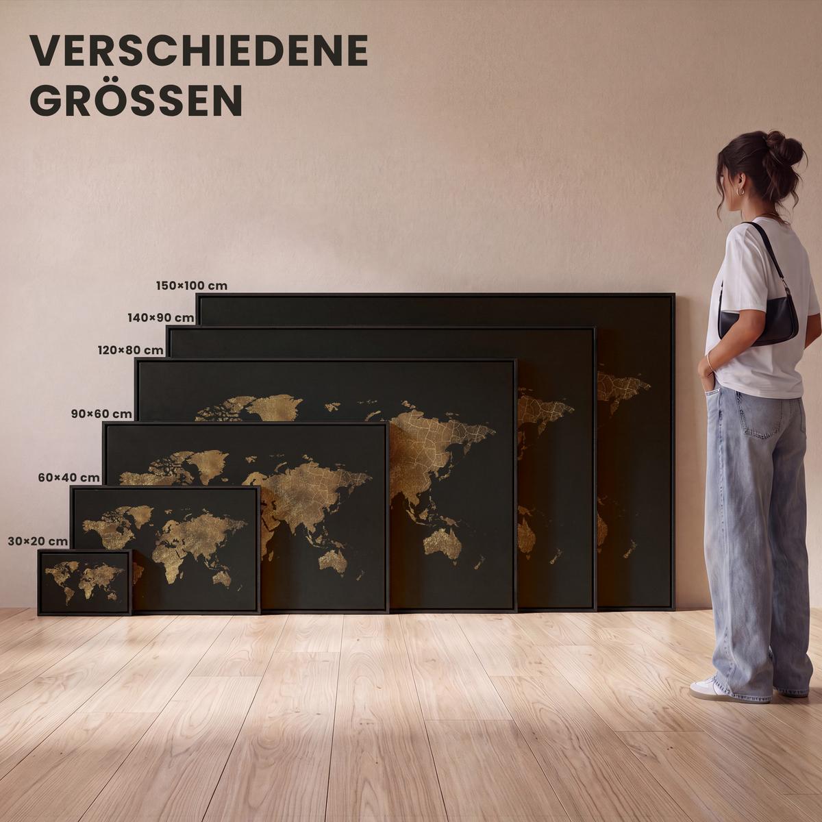 LEINWAND Bilder mit Rahmen - Weltkarte - Gold - Luxus - Erde - Schwarz - 30x20 - Goldfarben, Textil (30/20cm) - MuchoWow