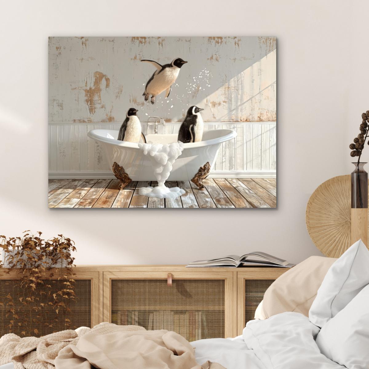 METALLBILD Vintage - Pinguin - Badewanne - Schaumstoff 80x60 cm - Schwarz, Metall (80/60cm) - MuchoWow
