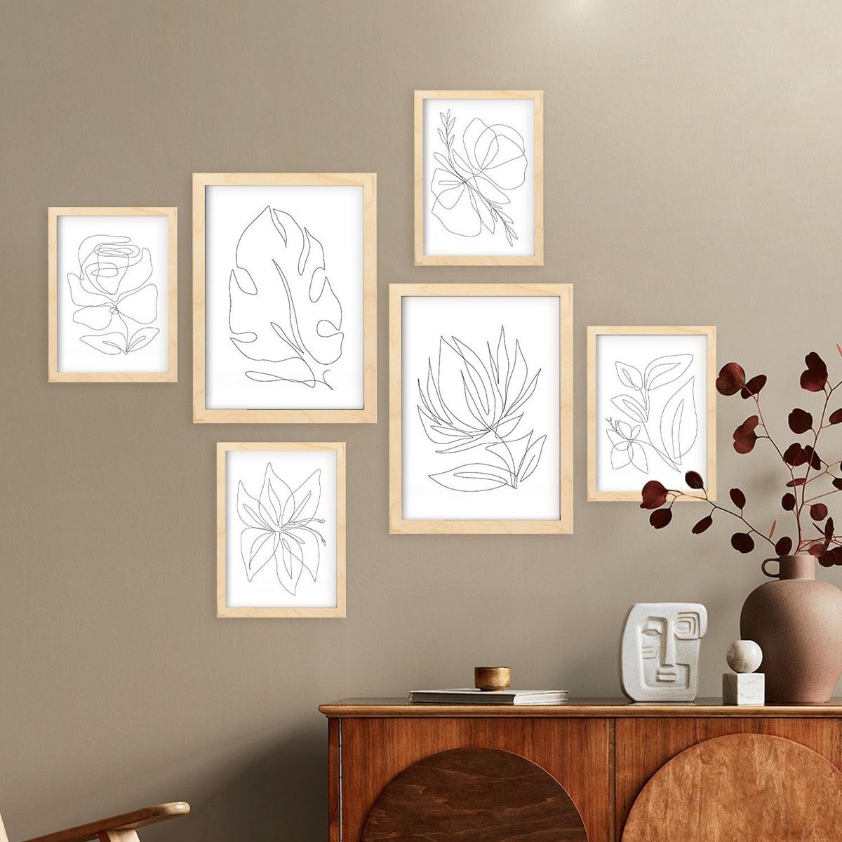 POSTER Set Mit 6 Fairer Fiore In Blume Zusammenfassung Ästhetische Dekorative Gemälde Für Ihr Wohnzimmer Zuhause A3 & A4 Rahmen Aus Hellem Holz - Beige, Papier (29/3cm) - Nacnic