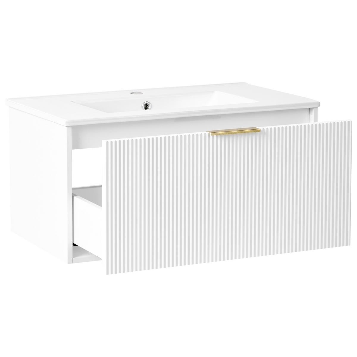 WASCHBECKENUNTERSCHRANK wandmontiertk mit Waschbecken mit goldenem Griff Weiß Tilcara - Weiß, Holzwerkstoff (80/38/93cm) - Beliani