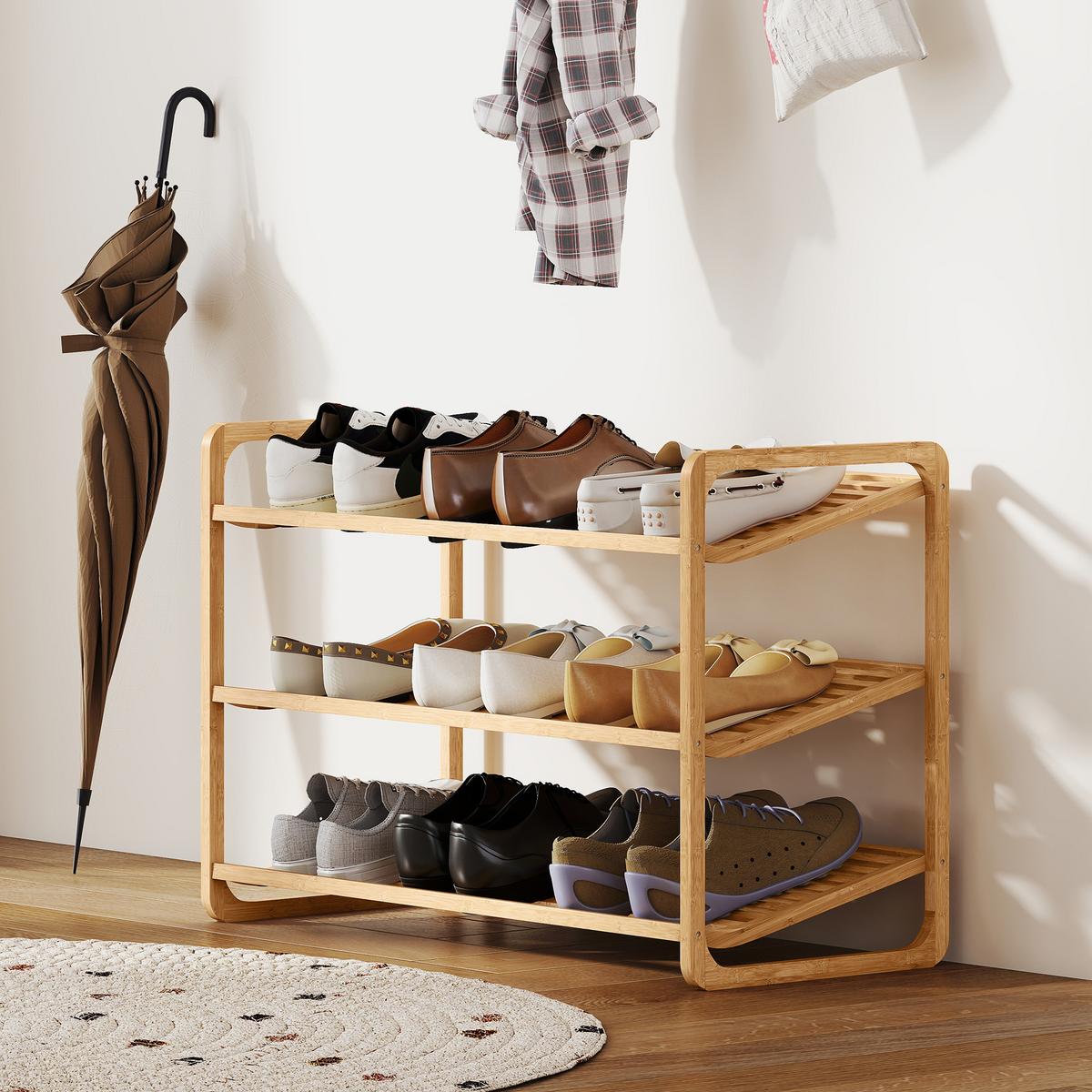 SCHUHREGAL mit 3 Ebenen Schuhaufbewahrung Schuh-Organizer für 9-12 Paar - Naturfarben, Holz/Bambusholz (33/50.8/76cm) - HOMCOM