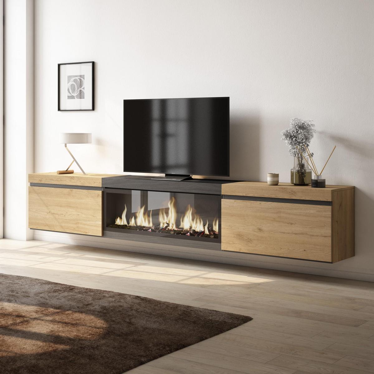 LOWBOARD, mit Elektrokamin XXL, Hängend, Eiche, Schwarz, 267/35/45cm - Eichefarben/Schwarz, Holzwerkstoff (267/45/35cm) - Skraut Home