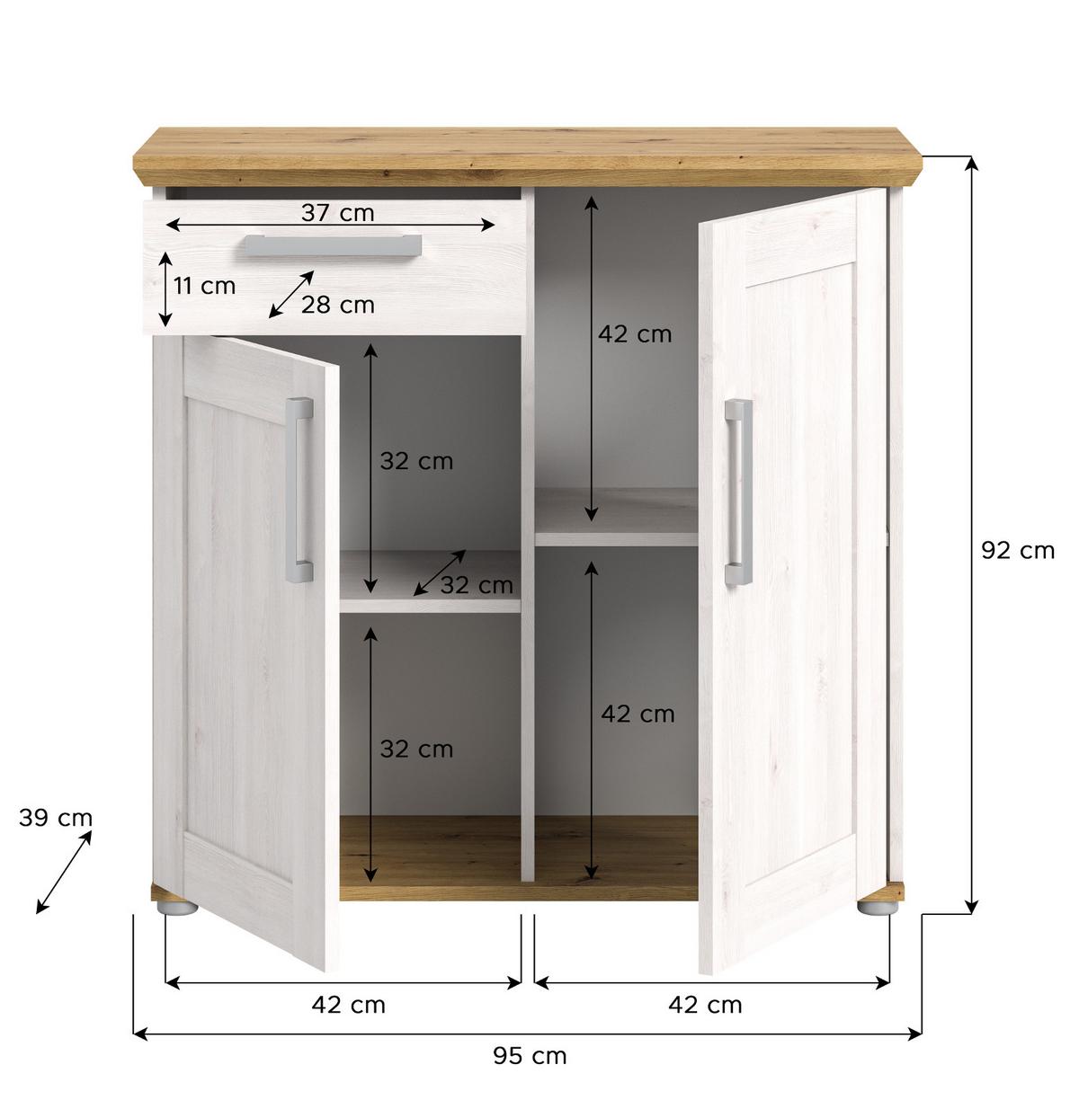 KOMMODE weiß Lärche, Eiche Artisan 95 cm, Sideboard im Landhaus-Stil - Silberfarben/Weiß, Holzwerkstoff/Kunststoff (95/92/39cm) - Inn.Furn