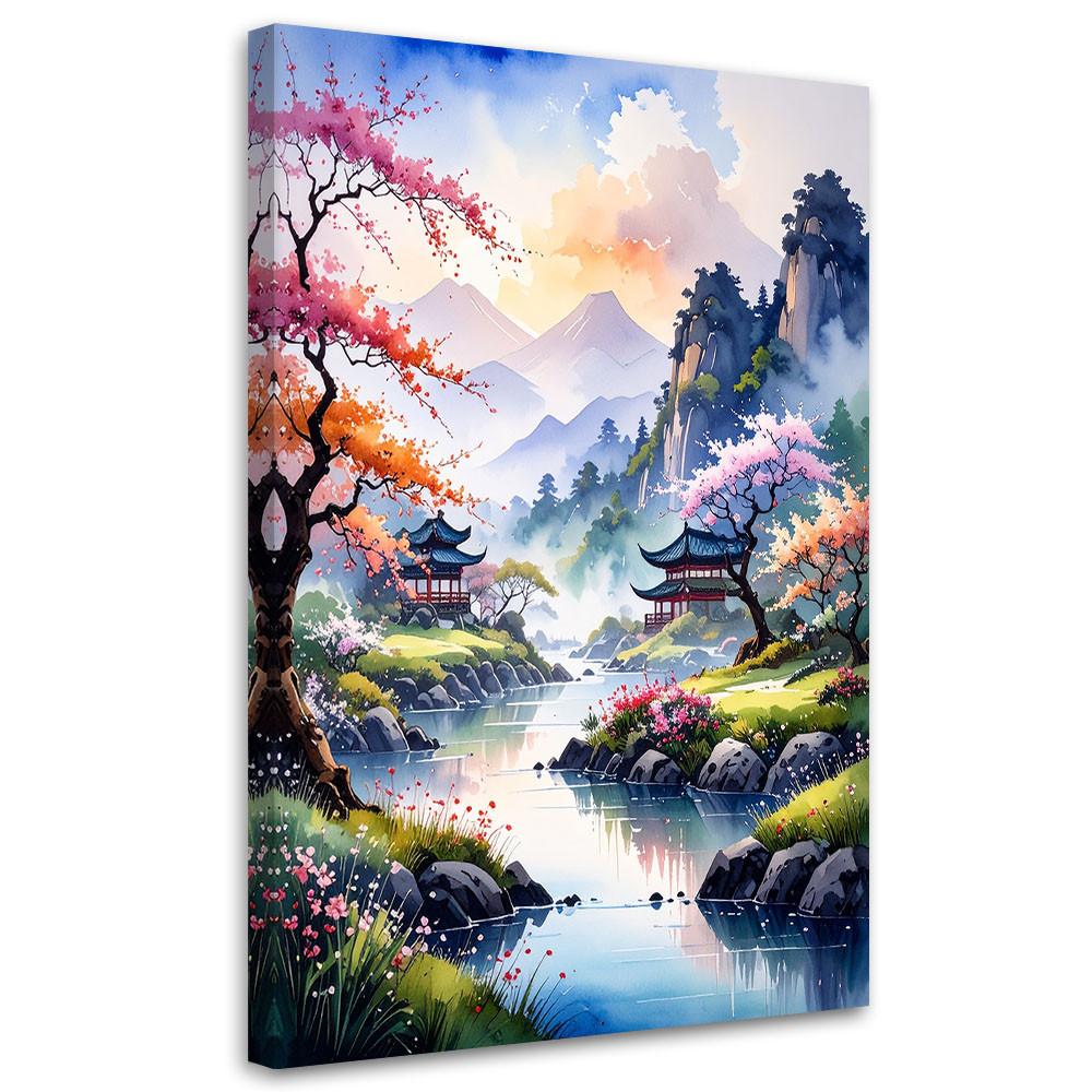 BILD auf Leinwand, Japanische Pagode Pastelllandschaft - Multicolor, Textil (20/30cm) - Feeby