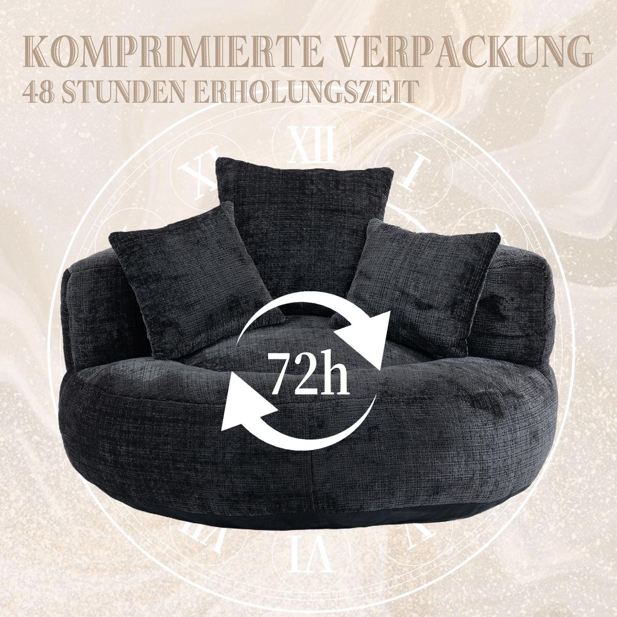 SESSEL chenille bodensessel rund mit kissen - Schwarz, Textil (108/52/108cm) - Urban Meuble